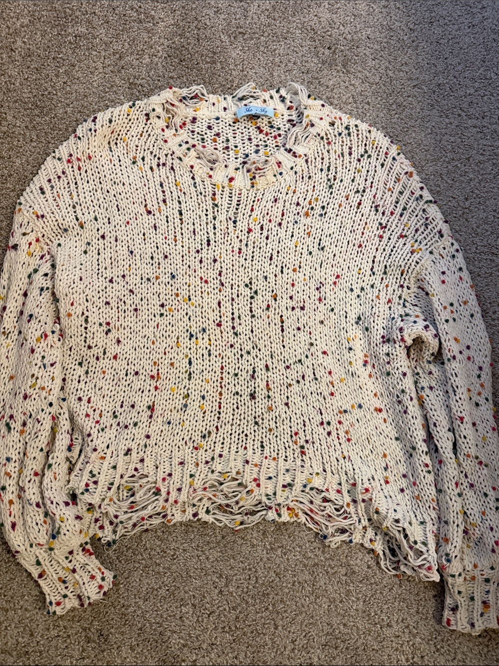 She + Sky Cream Speckled Distressed Knit Sweater